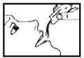 Disegno in bianco e nero che mostra una persona con la bocca aperta mentre utilizza un dispositivo medico per l
