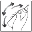 A hand holding a bottle with three curved arrows indicating a rotating motion to shake the contents