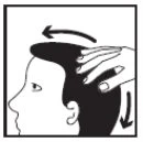 Black and white illustration showing a hand massaging the head with circular and downward movements following directional arrows