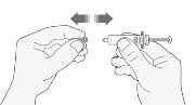 Two hands connecting a cylindrical container to a syringe with a horizontal motion indicated by two opposing arrows