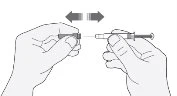 Two hands horizontally moving a syringe toward a container to connect them, following the direction of the black arrows above