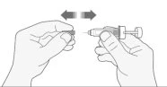 Two hands moving a syringe with a needle back and forth toward a medical device, with a horizontal double arrow above indicating motion