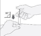 A hand holds a syringe to insert it vertically at a 90-degree angle into the skin of the arm with the