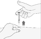 A hand holds an injection pen above the skin while the