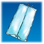 Two rectangular transparent medical fluid bags connected together against a deep blue background