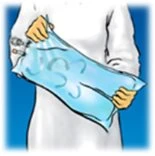 A person holding a light blue pouch with white patterns in both hands in front of their torso against a blue background