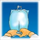 Medical diagram showing two hands gently pressing the bottom of a blue container or bag against a blue background