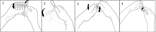 Sequenza di quattro disegni che illustrano le fasi per l'apertura e la preparazione di un dispositivo medico tramite mani che lo manipolano