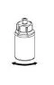 Black and white technical drawing of a cylindrical vial with a screw cap and a curved arrow at the base indicating a clockwise rotation