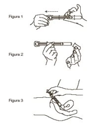 Tre disegni sequenziali mostrano le mani che maneggiano una penna iniettore per prepararla e applicarla sulla pelle della coscia o dell