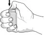 A hand firmly squeezing a glass vial with thumb and fingers while a black arrow indicates a downward movement
