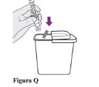 A hand discards an empty glass vial into a medical waste disposal container, indicated by a purple arrow pointing downward