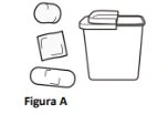 Schematic drawing of a waste container with a lid, a rectangular adhesive bandage, and two white cotton swabs on a light background