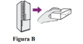 Diagram with a purple arrow indicating the movement from an open refrigerator to a hand holding a medicine box labeled Figure B