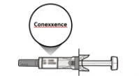 Technical drawing of a horizontal syringe with an enlarged circle showing the drug name Conexxence on the upper part of the barrel