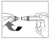 Two hands separating components of a medical device, with a curved arrow indicating a rotational motion for