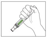 A hand firmly grips a pen-shaped medical device with the