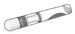Disegno tecnico in bianco e nero di una penna iniettore medica con corpo cilindrico e punta arrotondata su sfondo bianco