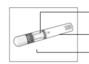 Diagramma tecnico di un dispositivo medico a forma di penna con linee di riferimento che indicano le diverse parti del corpo del dispositivo