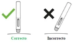Diagram showing an injection pen held vertically with a green checkmark, and a tilted pen with a black cross over it