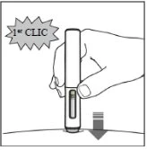 A hand holding a cylindrical medical device pressed against a curved surface with a downward arrow and the text 1st CLICK
