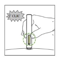 A hand holding a cylindrical medical device resting on a surface with a speech bubble indicating the second click during injection