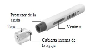 Diagram of an injection pen with labels indicating the needle cap