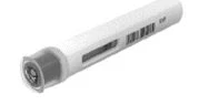 White medical auto-injector pen with a transparent viewing window and a side barcode on a white background