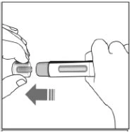 Two hands placing a protective cap onto a cylindrical medical device with an arrow indicating movement to the left