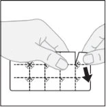 Two hands separating two pill blisters along the dotted lines, with a black arrow indicating downward movement