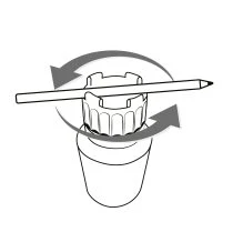 Technical drawing of a vial with a ribbed cap and a pen rotating above it following two curved arrows in a clockwise direction
