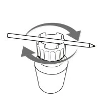 Technical drawing of a vial with a ribbed cap and a pencil rotating around it following two circular arrows, one clockwise and one counterclockwise