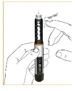 Disegno tecnico di una mano che impugna un dispositivo medico cilindrico con l