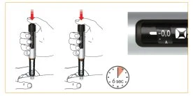 Disegno di mani che impugnano una penna iniettiva sulla pelle, dettaglio del display con valore -0,0 e icona di un orologio con indicazione 6 sec