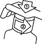 Technical drawing showing two hands pressing downward with arrow 1 and rotating clockwise with arrow 2 around a bottle