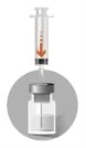 Syringe with needle inserted into a glass vial for liquid withdrawal, with an orange arrow indicating downward movement