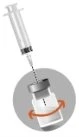 Syringe with needle penetrating the stopper of a glass vial, with a circular orange arrow indicating rotational movement
