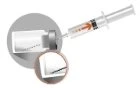 Syringe with needle drawing liquid from a glass vial with gray stopper on white background, with an orange arrow indicating movement