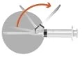 Diagram showing a syringe with a needle being rotated toward the