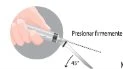A hand holding a syringe angled at 45 degrees with the text 'Press firmly' near the tip of the