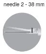 Disegno tecnico di un ago da 38 mm con linea nera orizzontale che indica la lunghezza su sfondo circolare grigio con testo in alto