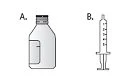 Diagramma con due illustrazioni: a sinistra un flacone di medicinale con etichetta e a destra una siringa graduata con pistone e base piatta