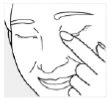 Disegno lineare di un volto che sorride con una mano che tocca delicatamente la palpebra superiore dell'occhio sinistro