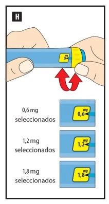 Due mani tengono un dispositivo medico blu e giallo con frecce rosse che indicano la rotazione per selezionare i dosaggi di 0,6 mg, 1,2 mg o 1,8 mg