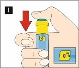 Una mano tiene un dispositivo medico cilindrico giallo e azzurro con una freccia rossa rivolta verso il basso che indica il movimento di pressione