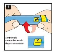 Due mani tengono una penna iniettiva azzurra con una freccia rossa che indica la rotazione del dispositivo per selezionare il simbolo di controllo