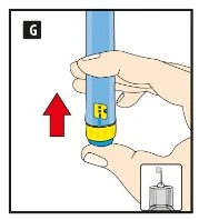 Una mano tiene un dispositivo medico blu e una mano sostiene la base con una freccia rossa rivolta verso l