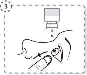 Schematic drawing showing a drop of liquid falling from a bottle onto a person's face while a finger massages the area around the eye