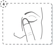 Line drawing showing a finger gently pressing on the closed eyelid of an eye, with dashed lines outlining the eye area