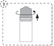 Diagram with a circular arrow indicating rotating the bottle cap to the right and a vertical arrow pointing downward